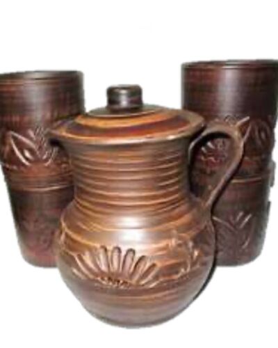 Dzbanek z pokrywką, 1.5 litra, + 4 filiżanki, czerwona glina