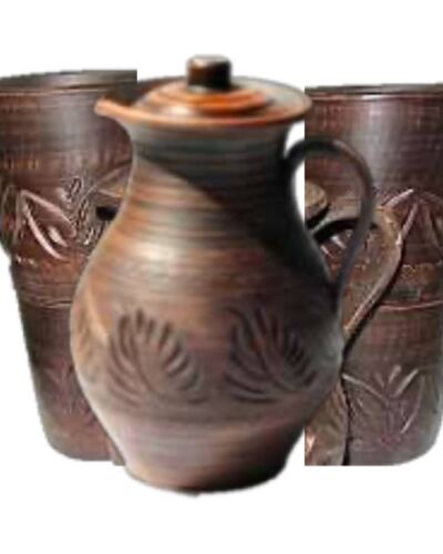 Dzbanek z pokrywką, 3 litra, + 4 filiżanki, czerwona glina