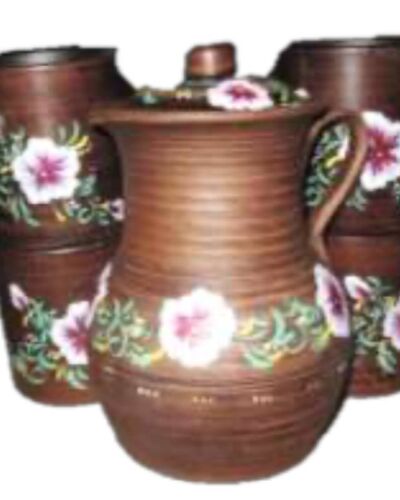 Dzbanek z pokrywką, 1.5 litra, + 4 filiżanki, obrazki, czerwona glina