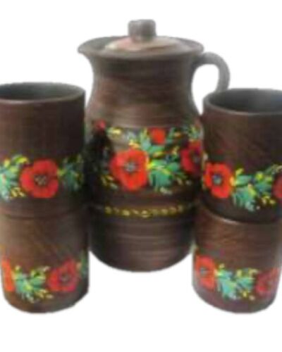 Dzbanek z pokrywką, 3 litra, + 4 filiżanki, obrazki, czerwona glina