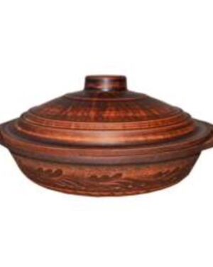 Patelnia, dekorowana, z uchwytami, czerwona glina