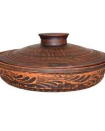 Patelnia 28 cm. z uchwytami, dekorowana, czerwona glina