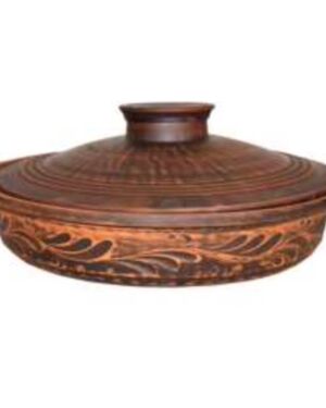 Patelnia 28 cm. z uchwytami, dekorowana, czerwona glina