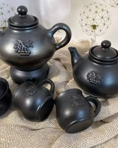 Zestaw czajnik ogrzewany + czajniczek + 2 kubka + cukiernica, czarna glina