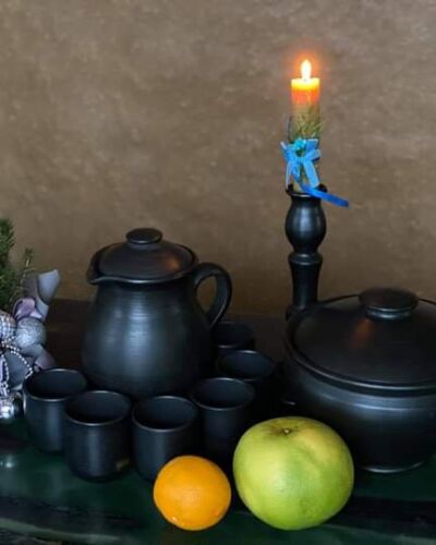 Zestaw: Dzbanek + 6 Kieliszek + waza, czarna glina